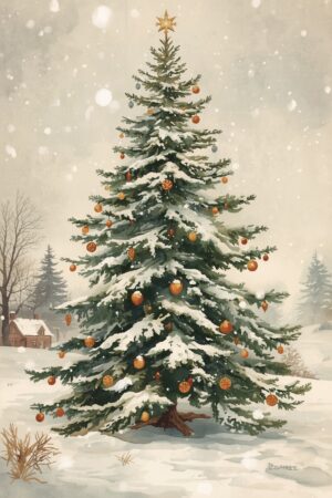 Vintage Watercolor Christmas Tree Art – Classic Snowy Holiday Wall Decor