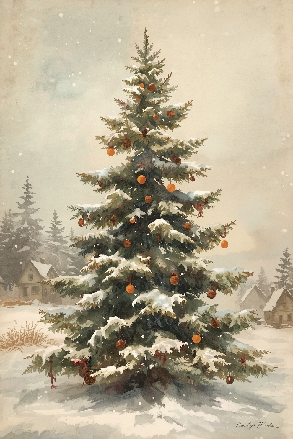 Antique Christmas Tree Artwork – Snowy Countryside Watercolor Print - Image 3