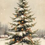 Antique Christmas Tree Artwork – Snowy Countryside Watercolor Print