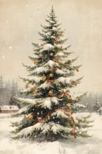 Antique Christmas Tree Artwork – Snowy Countryside Watercolor Print