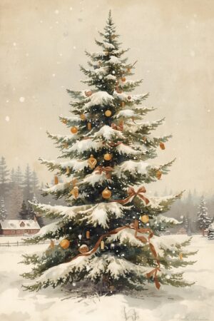 Antique Christmas Tree Artwork – Snowy Countryside Watercolor Print