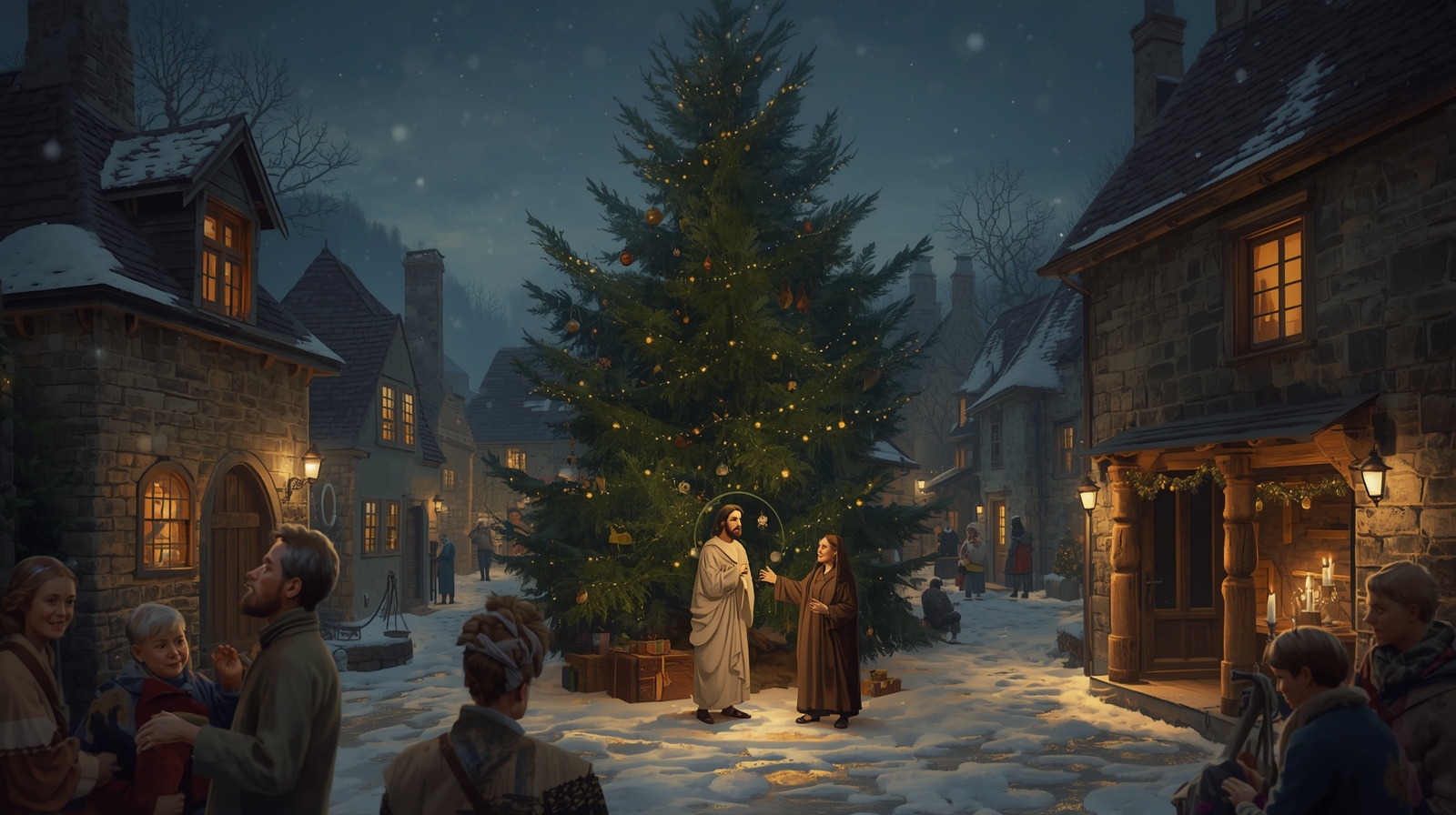 Classic European Christmas Night Art Featuring Jesus | Oil Painting Style