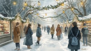 Silent Christmas Night Under Lights – Vintage Watercolor Artwork