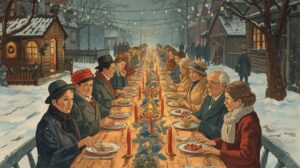 Vintage Christmas Village Watercolor – Long Table Community Holiday Scene