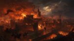 Epic large-scale oil-style digital painting of a burning ancient kingdom at night