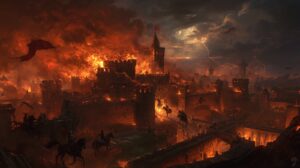 Epic large-scale oil-style digital painting of a burning ancient kingdom at night
