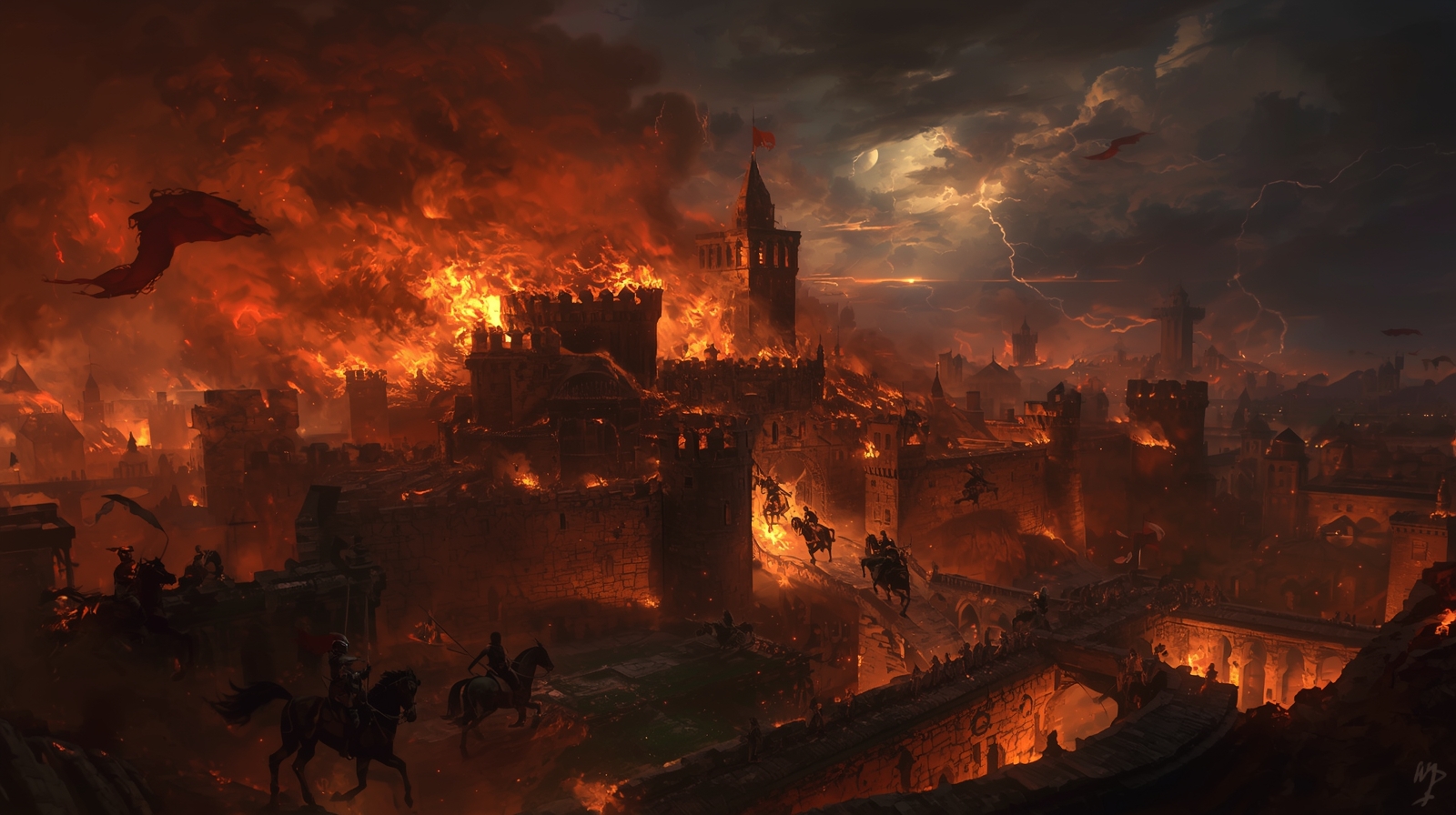 Epic large-scale oil-style digital painting of a burning ancient kingdom at night