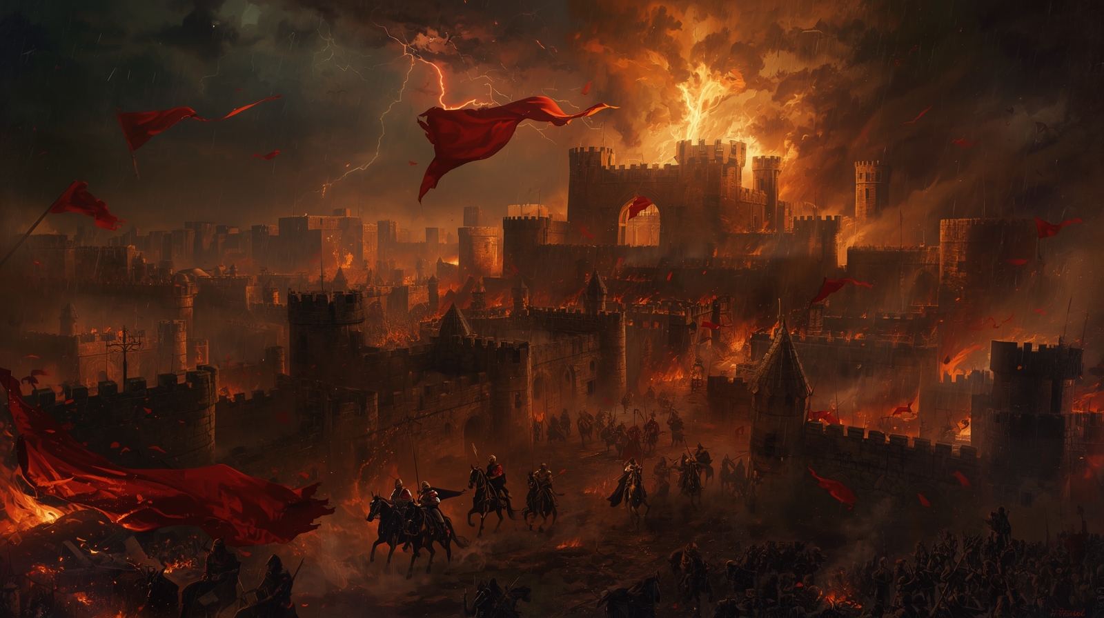 Epic large-scale oil-style digital painting of a burning ancient kingdom at night - Image 2