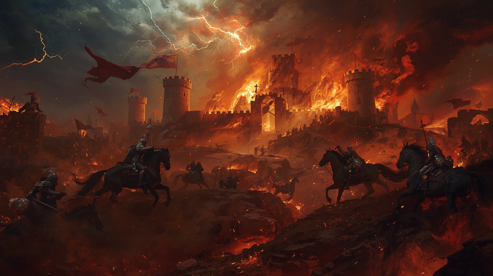 Epic large-scale oil-style digital painting of a burning ancient kingdom at night - Image 3