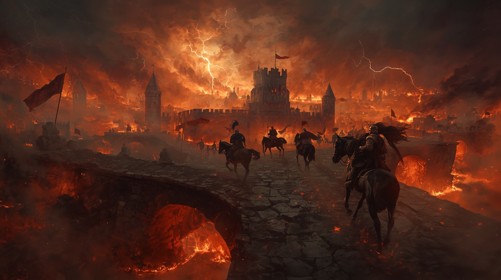 Epic large-scale oil-style digital painting of a burning ancient kingdom at night - Image 4