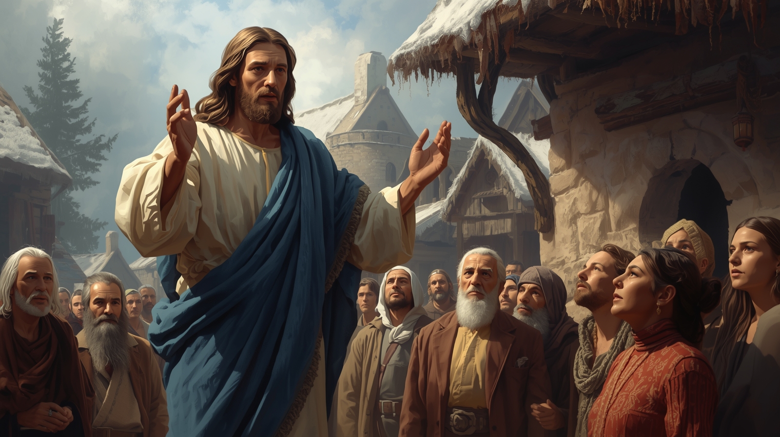 Jesus Christ Blessing a Christmas Village – Luxury Christian Fine Art Painting - Image 4