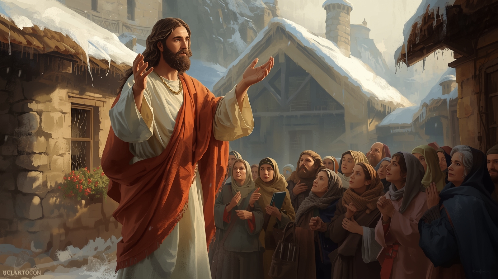 Jesus Christ Blessing a Christmas Village – Luxury Christian Fine Art Painting - Image 5