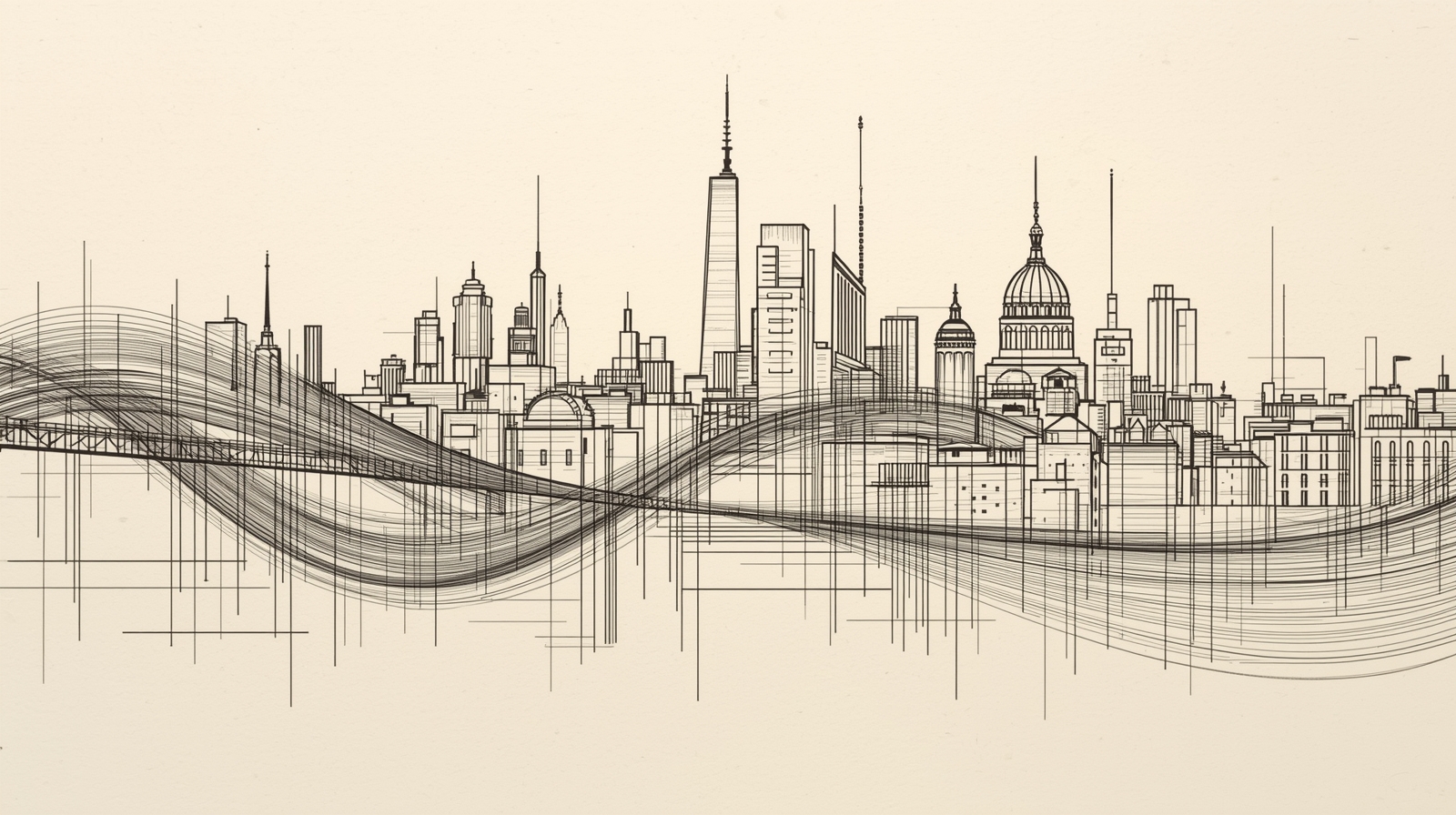 Continuous Line Cityscape Art – Abstract Skyline Morphing From Human Silhouette, Luxury Minimalist Panorama