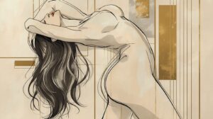 Elegant One-Line Sensual Woman – Liquid Hair Strokes & Gold Geometric Accents