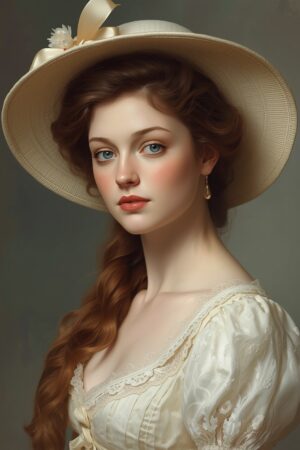 Digital Painting of a beautiful young woman wearing a hat with a silk ribbon