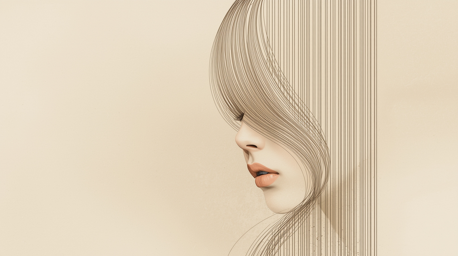 close up girl line art, minimalist female portrait, long hair line drawing, abstract linear patterns art, elegant thin line illustration, premium wall art print,