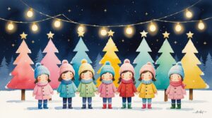 Vintage Winter Festival Watercolor – Children Under Christmas Lights Fine Art