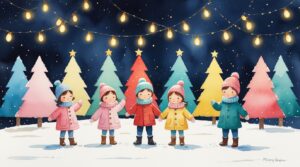 Vintage Winter Festival Watercolor – Children Under Christmas Lights