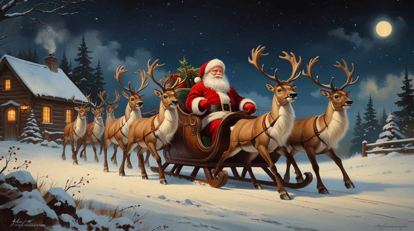 vintage santa claus painting, santa sleigh artwork, christmas wall art printable, vintage christmas art, rustic christmas decor art, santa and reindeer painting, old world christmas illustration, christmas farmhouse wall art, santa claus digital painting,