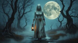 fog swirling around her feet, huge full moon behind her, twisted dark trees closing in, ultra realistic, hyper-detailed skin texture, horror fine art