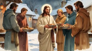 Jesus Sharing a Meal in Winter Village – Vintage Watercolor Christmas Art