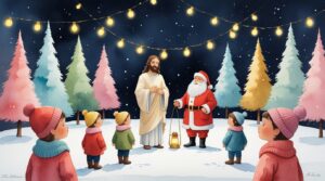 Peaceful Christmas Night with Jesus and Santa – Storybook Watercolor Fine Art