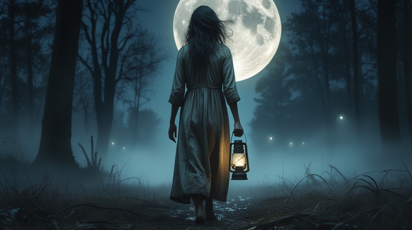 Digital Painting of American woman slowly walking in a deep midnight forest - Image 2