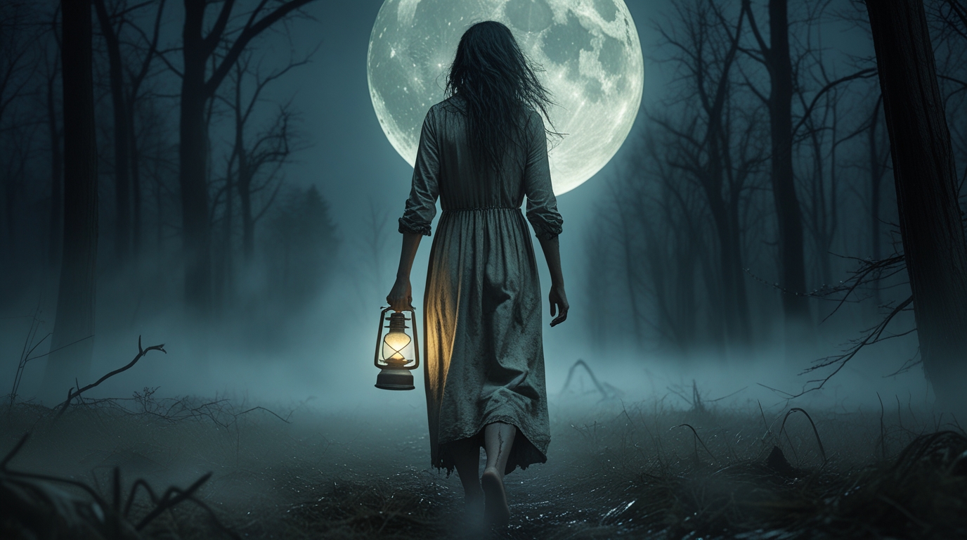 Digital Painting of American woman slowly walking in a deep midnight forest - Image 3