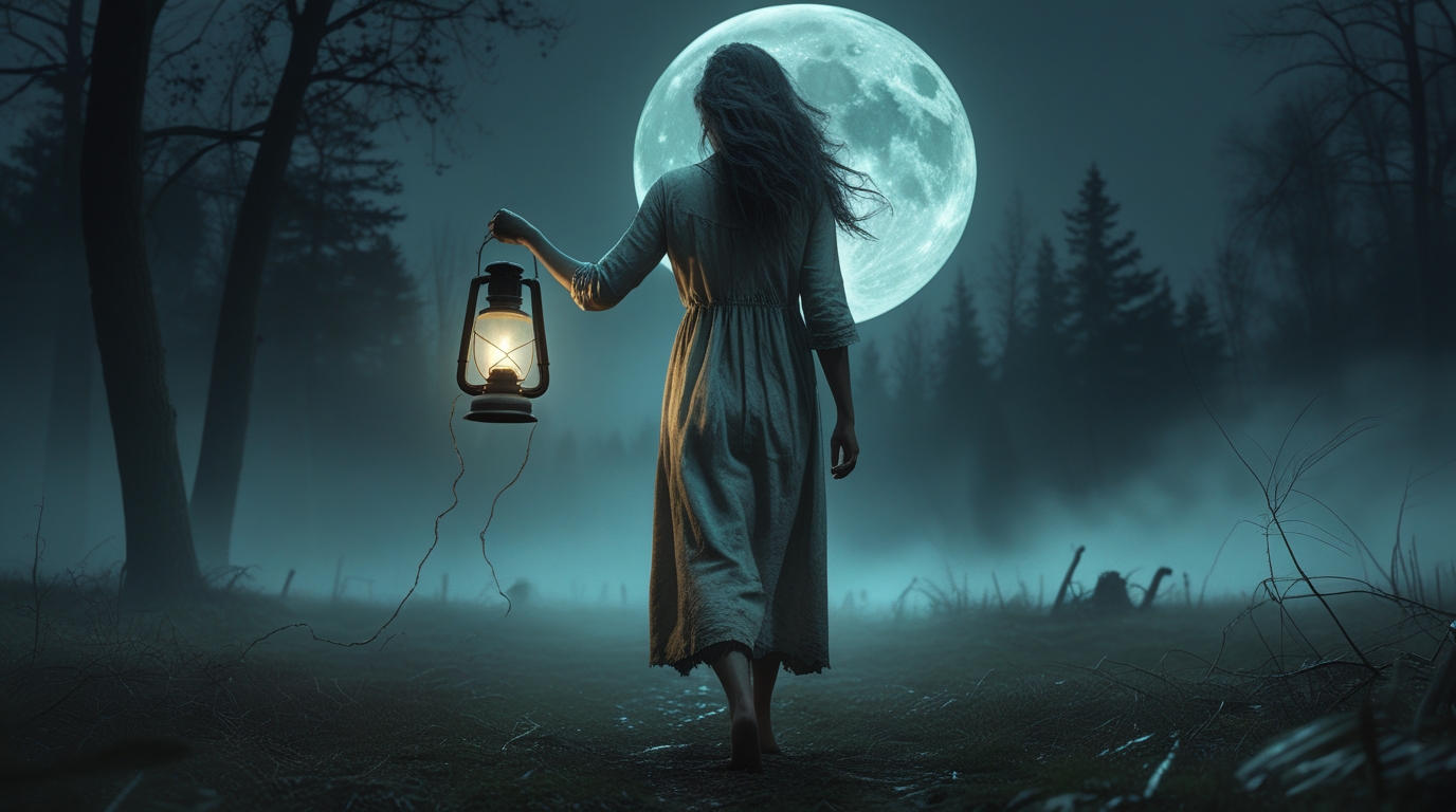 Digital Painting of American woman slowly walking in a deep midnight forest - Image 4