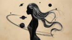 Cosmic Continuous-Line Woman – Abstract Silhouette with Orbital Hair & Minimalist Planet Art