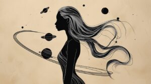 Cosmic Continuous-Line Woman – Abstract Silhouette with Orbital Hair & Minimalist Planet Art