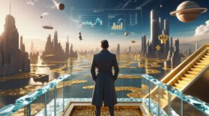 Extremely wealthy man standing on glass balcony