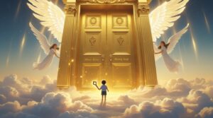 Giant glowing golden door floating in the clouds Digital Painting