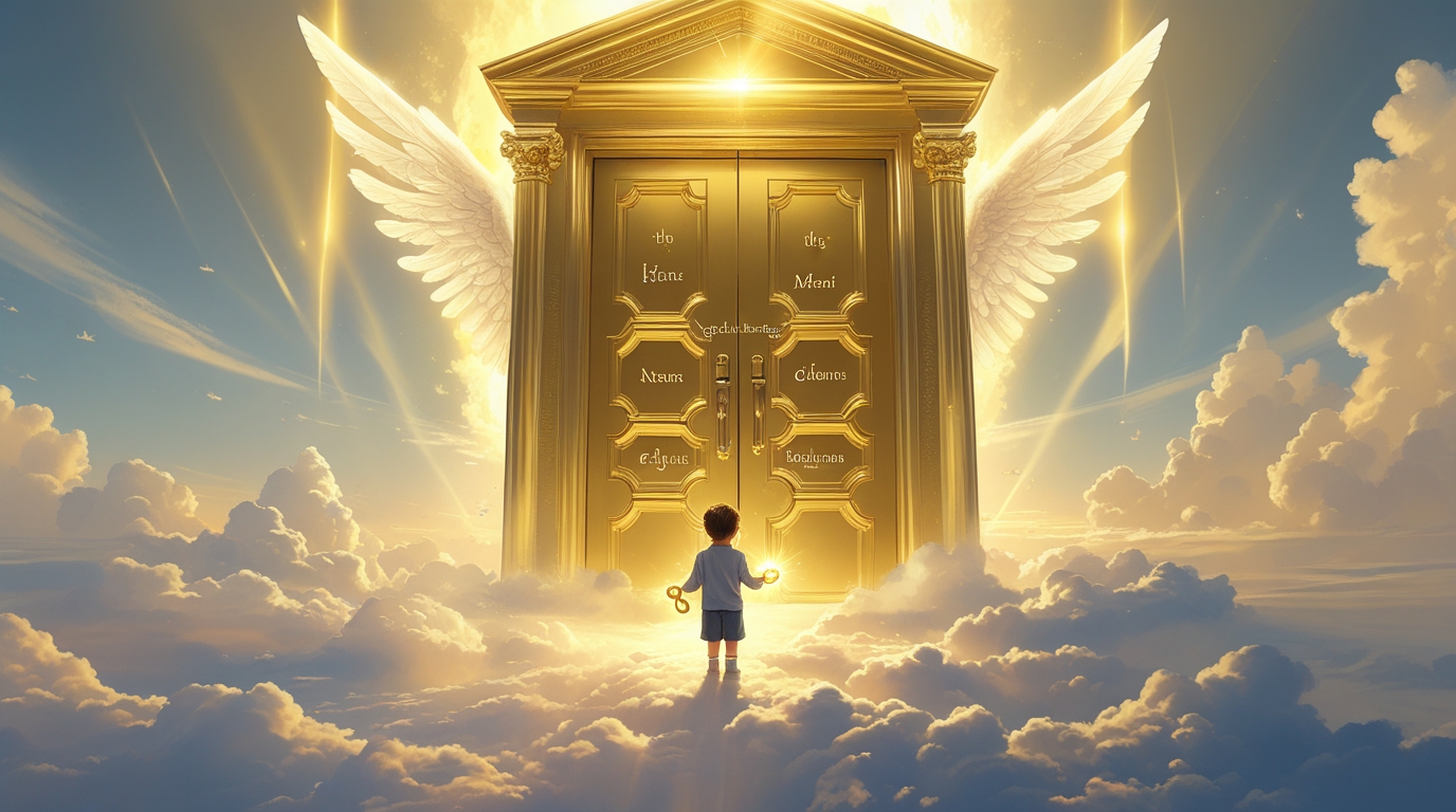 Giant glowing golden door floating in the clouds Digital Painting - Image 2