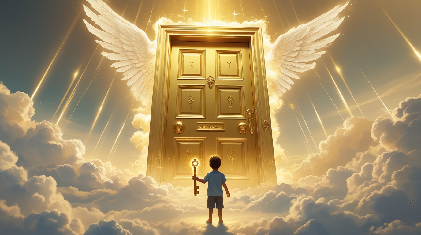 Giant glowing golden door floating in the clouds Digital Painting - Image 4